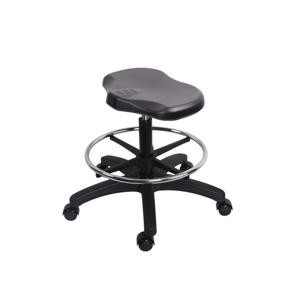 Blue Ridge Ergonomics Polyurethane Ray Stool - Medium Bench Height with Chrome Foot Ring & Casters in Black Polyurethane PRPMBSL-RG-CF-RC-BLK - main