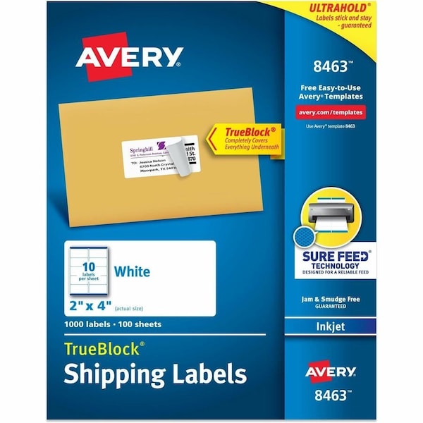 Avery Shipping Labels with TrueBlock Technology, 2 x 4, White, 1000/Box 8463 - main