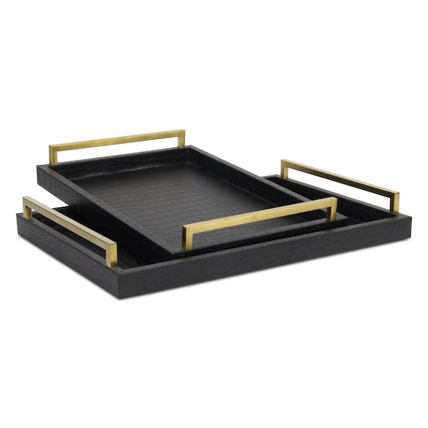 Homeroots Set of Two Black Wood Faux Croc Serving Trays With Handles 518593 - main