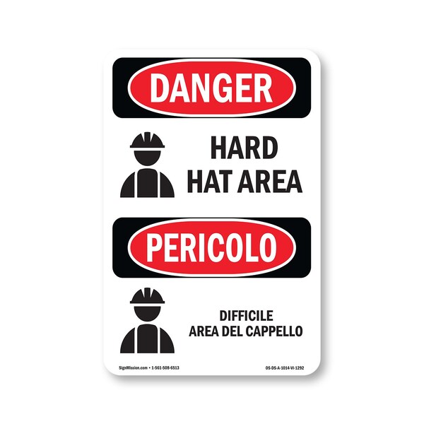 Signmission OSHA Danger Sign, Hard Hat Area Bilingual, 14in X 10in Aluminum, OS-DS-A-1014-VI-1292 OS-DS-A-1014-VI-1292 - main