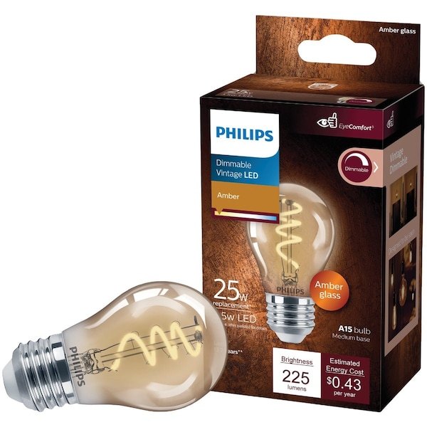 Signify EyeComfort 25W Equivalent Amber A15 Medium Dimmable Vintage LED Light Bulb 565655 - main