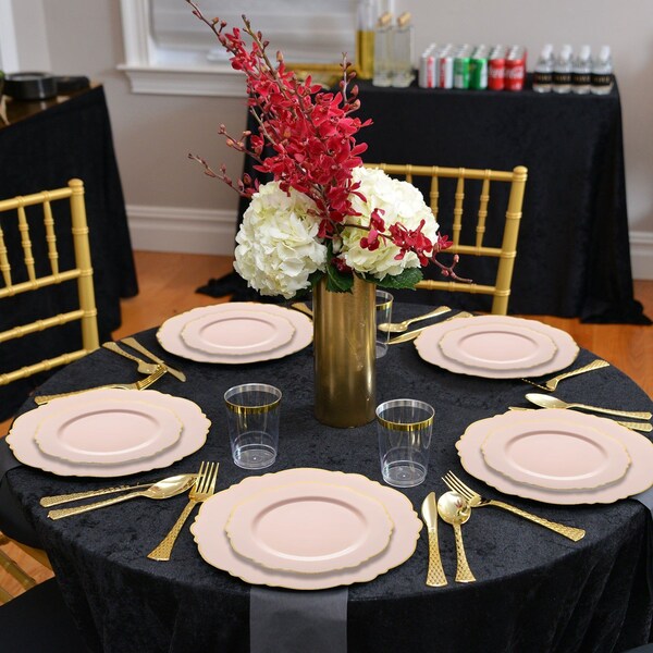 Smarty Had A Party 10.25" Pink with Gold Rim Round Blossom Disposable Plastic Dinner Plates (120 Plates), 120PK 4840PG-CASE - main