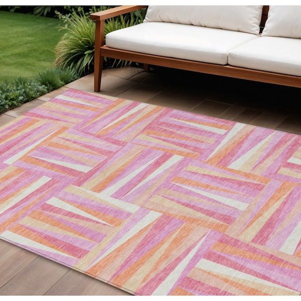 Homeroots 8' X 10' Blush Ivory And Orange Geometric Washable Indoor Outdoor Area Rug 598247 - main