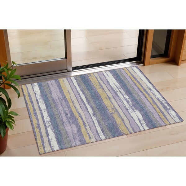 Homeroots 3' X 5' Purple Ivory And Beige Striped Washable Indoor Outdoor Area Rug 598920 - main