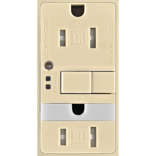 Eaton Wiring Devices GFCI and Nightlight, 2 -Pole, 15 A, 125 V, Back, Side Wiring, NEMA: 5-15R, Ivory TRSGFNL15V-K - main
