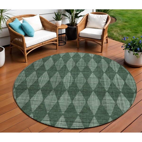 Homeroots 8' Olive Green And Charcoal Round Geometric Washable Indoor Outdoor Area Rug 577075 - main