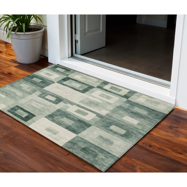 Homeroots 3' X 5' Green And Ivory Geometric Washable Indoor Outdoor Area Rug 605031 - main