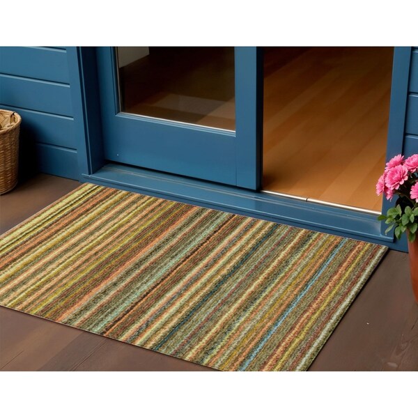 Homeroots 3' X 5' Coral Gold And Green Striped Washable Indoor Outdoor Area Rug 577769 - main
