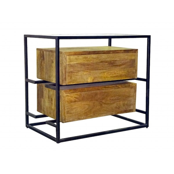 Homeroots 28" Natural Solid Wood and Glass Two Drawer Nightstand 488770 - main