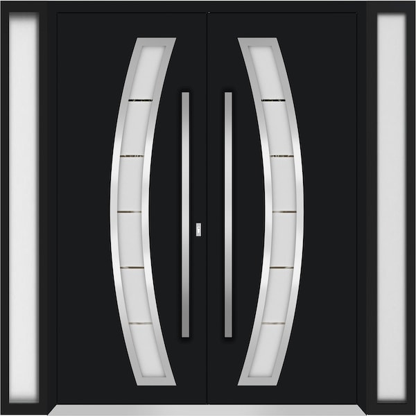 Vdomdoors Aluminum Double Doors Deux 6500 Black Enamel Frosted Glass 2 Sidelights Entry Modern Painted 96x96 DEUX6500DEXD-BLK-W12+72+12xH96-LH-O - main