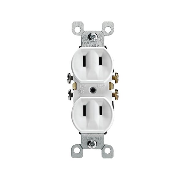 Leviton Straight Blade Receptacle, 1-15R, 15 A, 125V AC, 2 Pole, 2 Wire, Non-Grounded 00223-00W - main