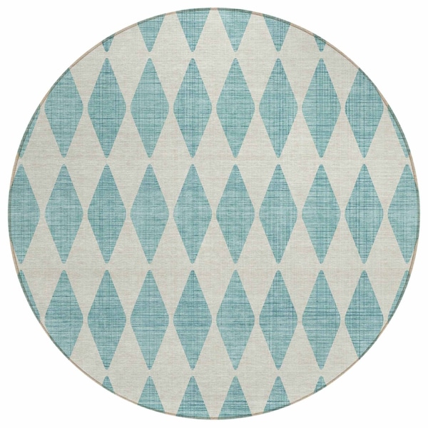 Homeroots 8' Teal Blue And Ivory Round Geometric Washable Indoor Outdoor Area Rug 577129 - main