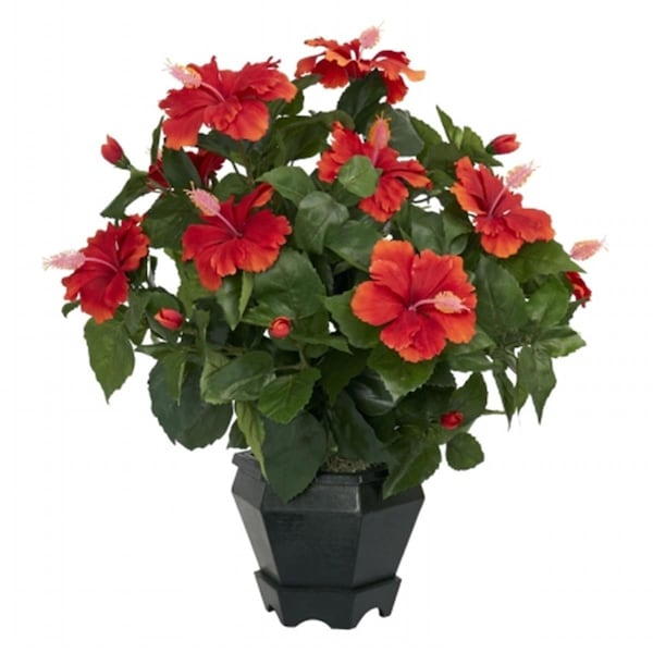 Dare2Decor Hibiscus with Black Hexagon Vase Silk Plant DA103250 - main