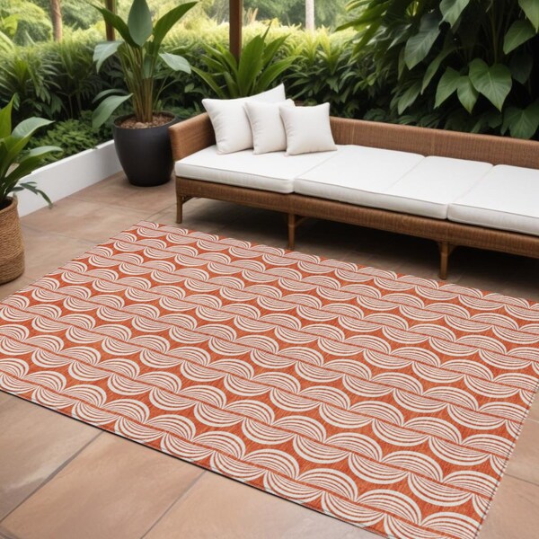 Homeroots 9' X 12' Coral And Beige Ogee Washable Indoor Outdoor Area Rug 601546 - main
