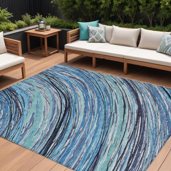 Homeroots 8' X 10' Blue Aqua And Ivory Abstract Washable Indoor Outdoor Area Rug 631236 - main