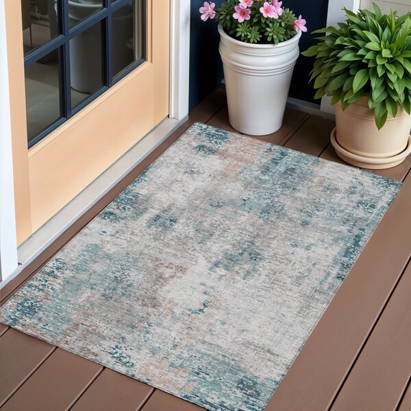 Homeroots 3' X 5' Teal Blue Beige And Copper Abstract Washable Indoor Outdoor Area Rug 587884 - main