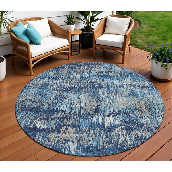Homeroots 8' Navy Blue And Denim Blue Round Striped Washable Indoor Outdoor Area Rug 609560 - main