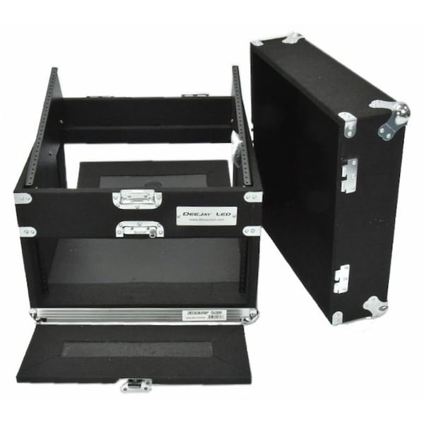 Deejay Led Slant Rack Drive Tour Case 4U-Space Amplifier Side 10U-Space Mixer Side w/Black Carpeted Exterior TBH4U10SLANTWOOD - main