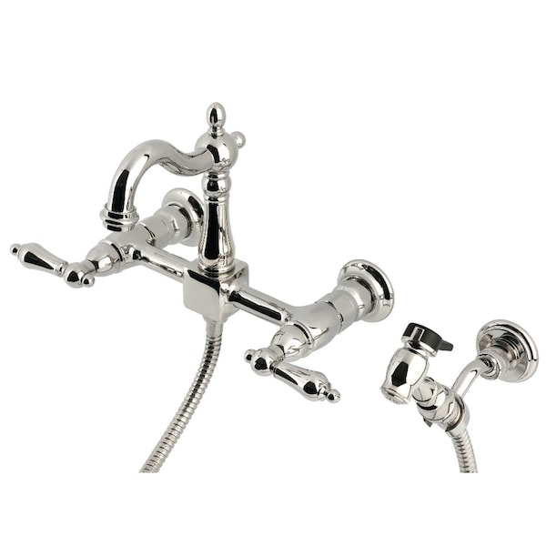 Kingston Brass Two-Handle Wall Mount Bridge Kitchen Faucet with Brass Sprayer, Polished Nickel KS2446ALBS - main