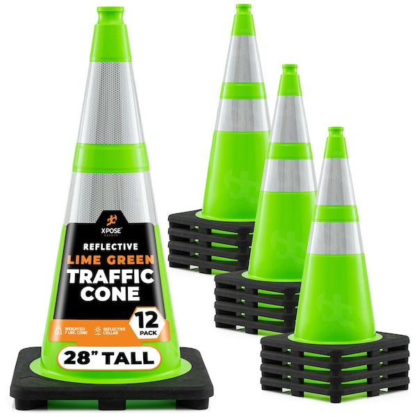 Xpose Safety Traffic Safety Cone, 28 in, Premium PVC, Dual 6 in & 4 in Reflective Collar, Lime Green, 12 pk LTC28-64-12-X - main