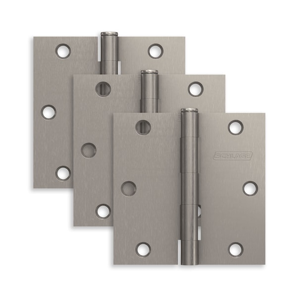 Schlage Residential Pack of 3 3-1/2in x 3-1/2in Square Corner Hinges Satin Nickel Finish, 3PK S3P1010FRP619 - main