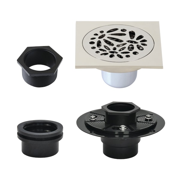 Kingston Brass 4" Brass Square Grid Shower Drain with Hair Strainer and Base Flange, Polished Nickel BSFK6360PN - main