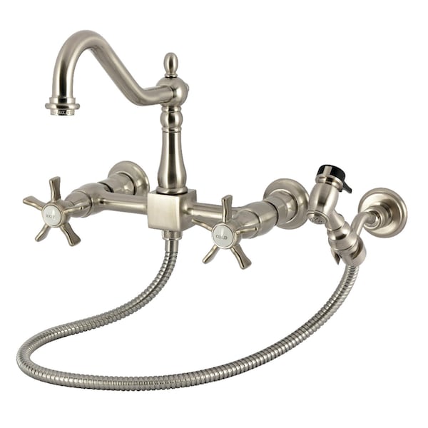 Kingston Brass Two-Handle Wall Mount Bridge Kitchen Faucet with Brass Sprayer, Brushed Nickel KS1248NXBS - main