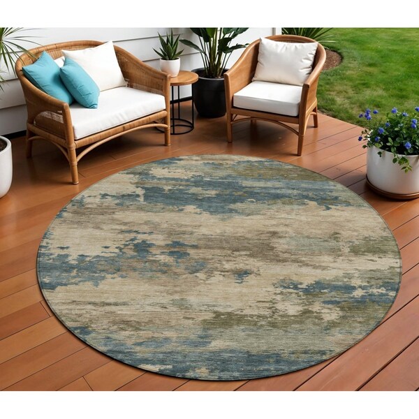 Homeroots 8' Teal Blue And Beige Round Abstract Washable Indoor Outdoor Area Rug 630941 - main