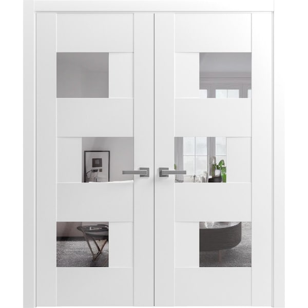 Vdomdoors Solid French Double Doors Opaque Glass Sete 6999 White Silk with Mirror Wood Solid Panel Frame SETE6999DD-WS-8496 - main