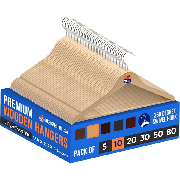 Lifemaster Wooden Hangers, Swivel Hook, Non-Slip, Pants Bar, Holds 10 lbs, Natural, 10PK LMHNWD10 - main