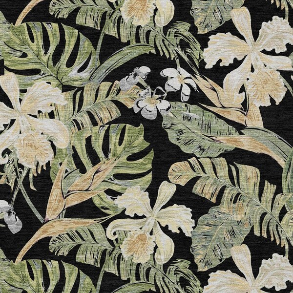 Homeroots 3' X 5' Black Beige And Fern Green Botanical Leaves Washable Indoor Outdoor Area Rug 618388 - main