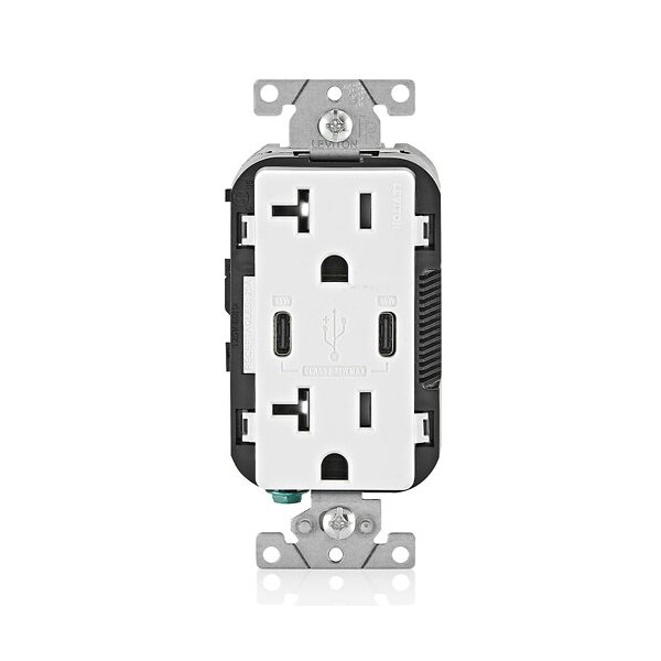 Leviton Duplex Outlet, USB C, White 20A, 125V T5837-W - main