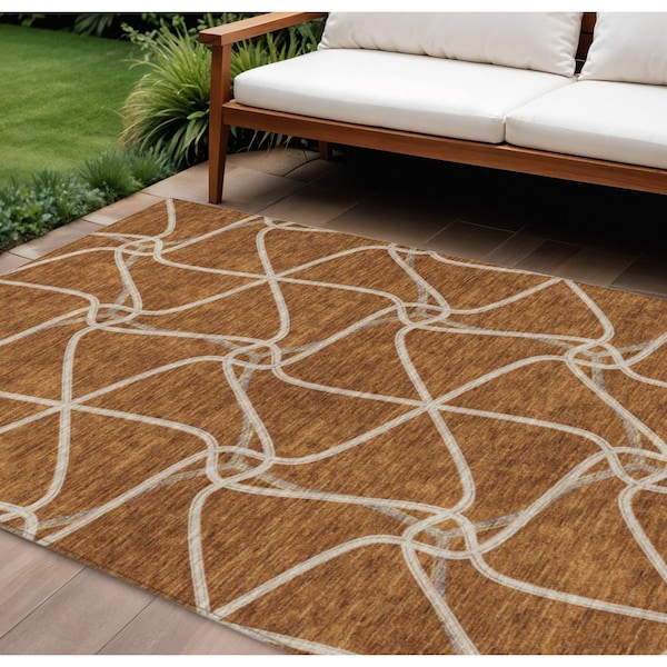 Homeroots 8' X 10' Orange And Ivory Geometric Washable Indoor Outdoor Area Rug 612896 - main