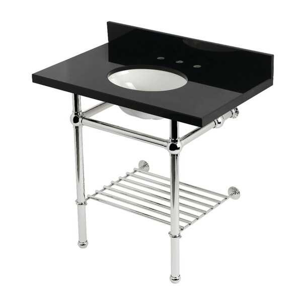 Kingston Brass 36-Inch Black Granite Console Sink with Brass Legs and Shelf, 8-Inch, 3-Hole KVPK36KBB6 - main