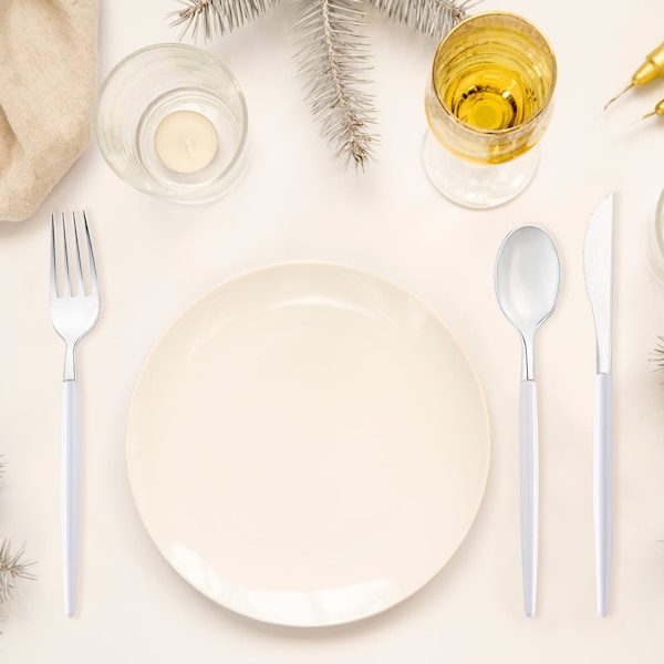 Smarty Had A Party Silver with White Handle Moderno Disposable Plastic Dinner Forks (240 Forks), 240PK 9320-SWF-CASE - main