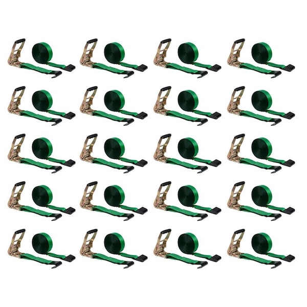 Mytee Products 2 inx30 ft Green Ratchet Straps w/ Flat Hooks 3333 # WLL Hi Visibility Tie Down, 20PK RS230Gx20 - main