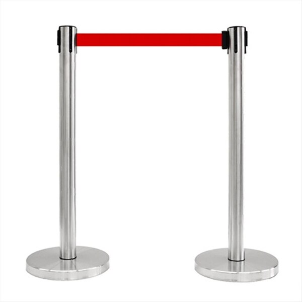Captain Cold 12 in. Flat Base Satin Stainless Post Retractable Belt Stanchion - 6.5 ft. Red belt CA2064628 - main