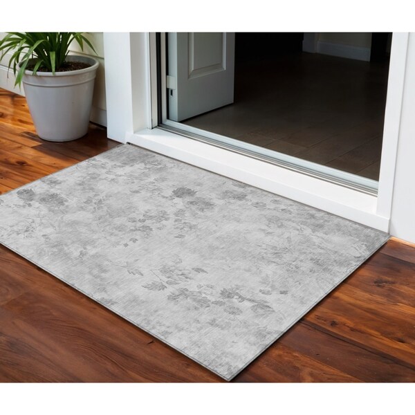 Homeroots 3' X 5' Gray Charcoal And Silver Floral Washable Indoor Outdoor Area Rug 583136 - main