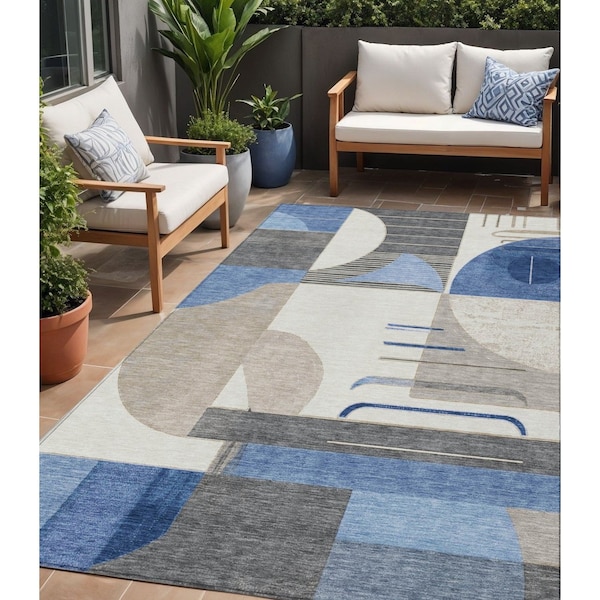 Homeroots 5' X 8' Blue Gray And Ivory Geometric Washable Indoor Outdoor Area Rug 617975 - main