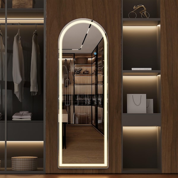 Simple Deluxe Arched Full Length Mirror with LED Lights, 60'x16' Floor Mirror with Stand, Body Floor Mirror with 3A88MIROGZ1660NWHT - main