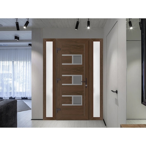 Vdomdoors Front Exterior Prehung Metal-Plastic Door, Manux 8933 Walnut, 2 Side Sidelite Transoms, Office Comm MANUX8933EXD-WLN-W16+32+16xH80-RH - main