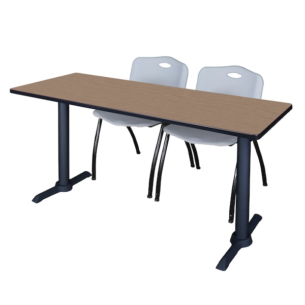 Regency Cain T-Base Training Seminar Table W/ 2 M Stack Chairs, 66 in W, 24 in L, Noble Oak MTRCT6624NO47GY - main