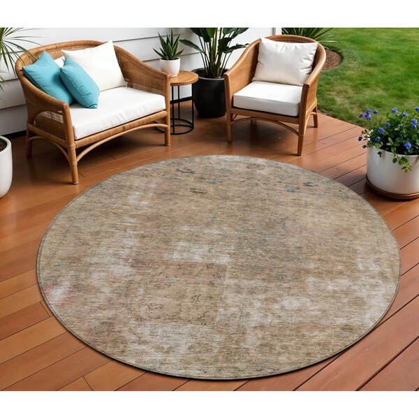Homeroots 8' Beige And Taupe Round Abstract Washable Indoor Outdoor Area Rug 615496 - main