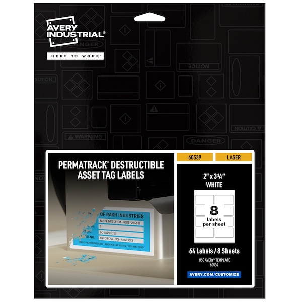 Avery Destructible Asset Tag Labels, 3-3/, PK64, Film, 9.44 in W, 2" x 3-3/4" Dia., White, Rectangle, 64 PK 60539 - main
