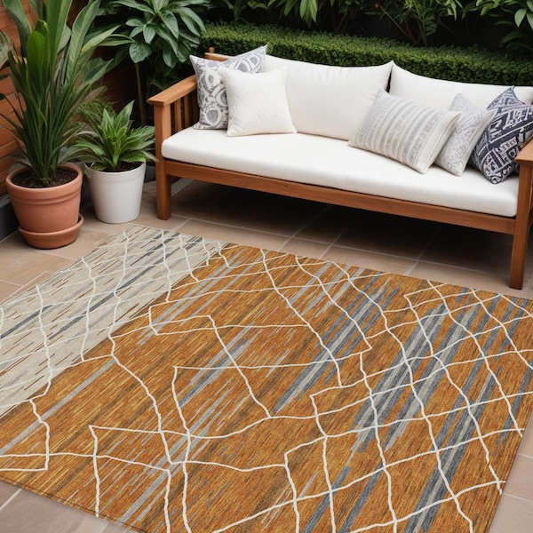 Homeroots 8' X 10' Terra Cotta Beige And Ivory Striped Washable Indoor Outdoor Area Rug 599385 - main
