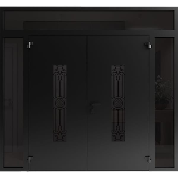 Vdomdoors Front Exterior Prehung Aluminum Double Doors Ronex1477 Black Enamel 2 Sidelights and Top Transom RONEX1477DEXD-BLK-W12+72+12xH96+16-RH-O - main