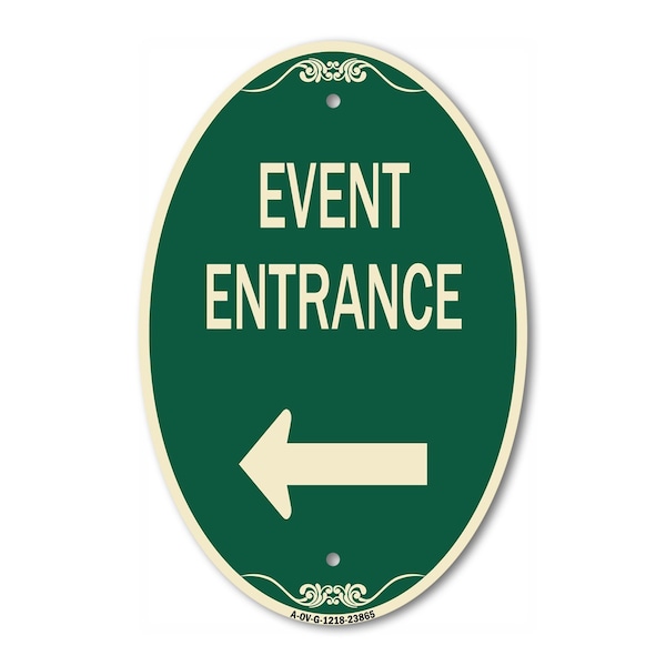 Signmission N Event Entrance With Left Arrow, 12 Inch X 18 Inch Architectural Oval, Heavy Gauge Aluminum A-OV-G-1218-23865 - main