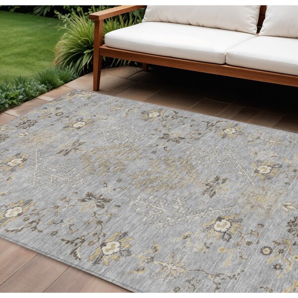 Homeroots 10' X 14' Gray Beige And Ivory Floral Washable Indoor Outdoor Area Rug 605478 - main