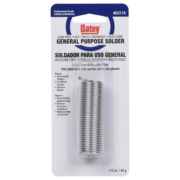 Oatey Acid Core Wire Solder, 1-1/2 oz Carded, Solid, Silver, 450 to 464 deg F Melting Point 53174 - main