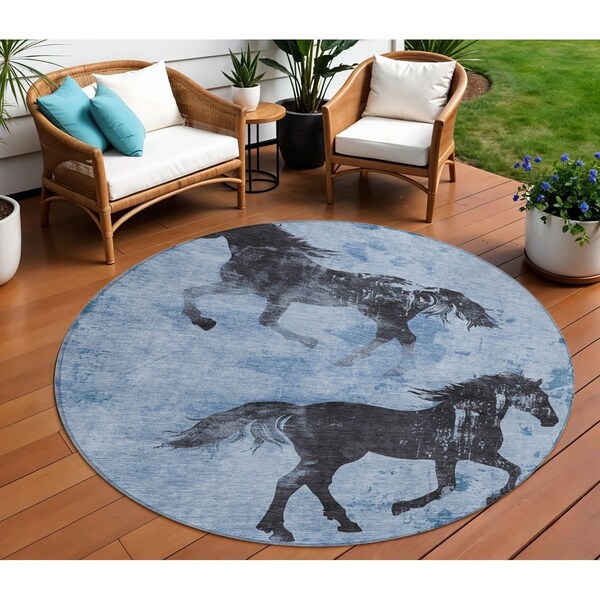 Homeroots 8' Denim Blue And Charcoal Round Horse Washable Indoor Outdoor Area Rug 618645 - main